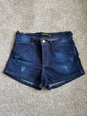 Women’s Dark Blue Denim Jean Shorts with Subtle Distress